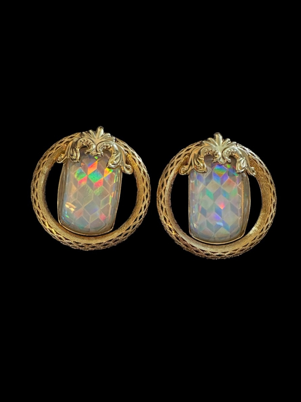Gold Frame Iridescent Glass Clip-On Earrings - Unbranded